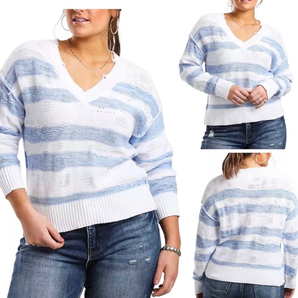 Bke Buckle Pulled stitch striped sweater distressed blue white striped small $68
